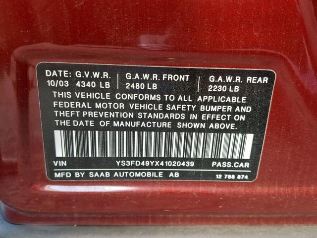 YS3FD49YX41020439 - 2004 SAAB 9-3 ARC BURGUNDY photo 10