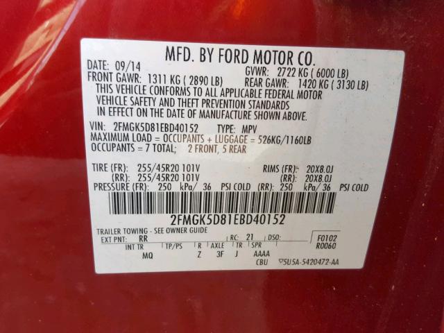 2FMGK5D81EBD40152 - 2014 FORD FLEX LIMIT RED photo 10