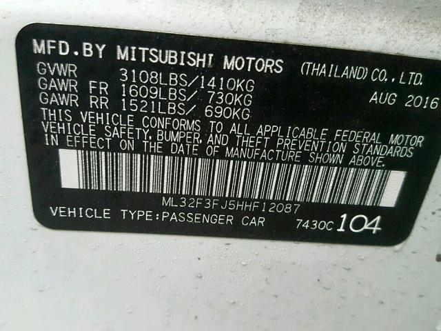 ML32F3FJ5HHF12087 - 2017 MITSUBISHI MIRAGE G4 WHITE photo 10