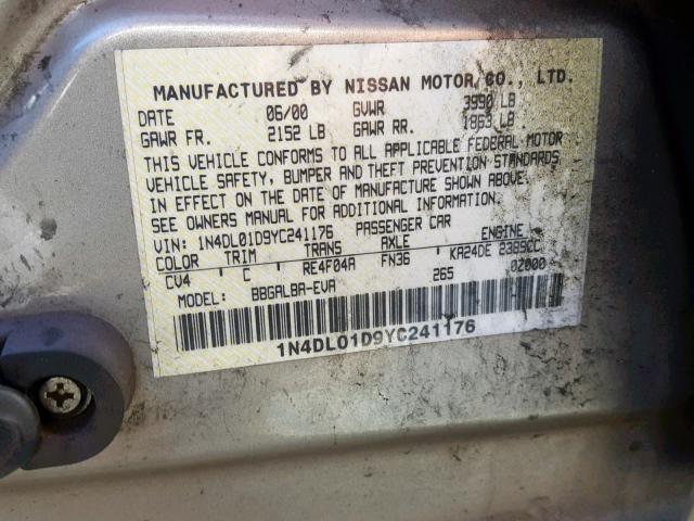 1N4DL01D9YC241176 - 2000 NISSAN ALTIMA XE TAN photo 10