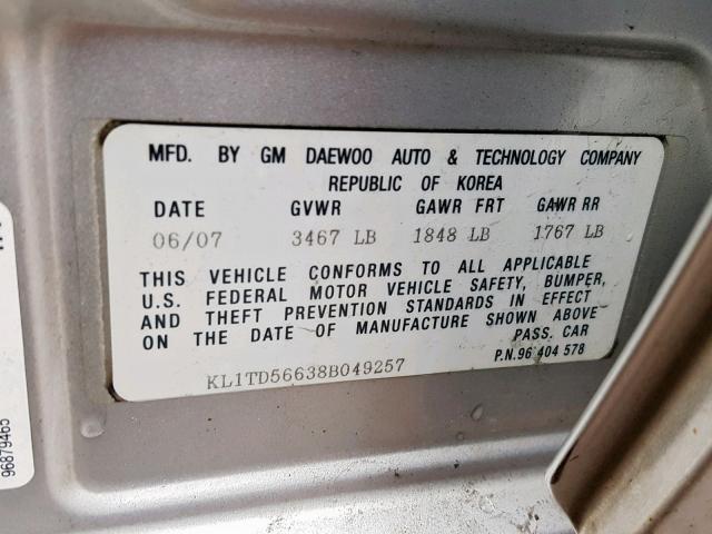 KL1TD56638B049257 - 2008 CHEVROLET AVEO BASE ვერცხლისფერი ფოტო 10