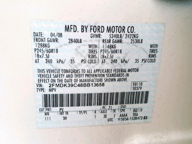 2FMDK39C48BB13658 - 2008 FORD EDGE LIMIT WHITE photo 10