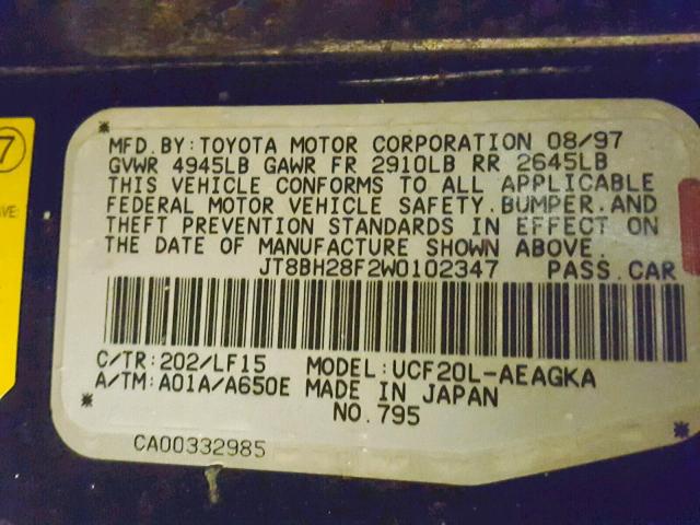 JT8BH28F2W0102347 - 1998 LEXUS LS 400 BLACK photo 10