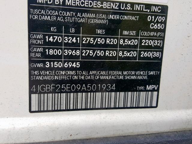 4JGBF25E09A501934 - 2009 MERCEDES-BENZ GL WHITE photo 10