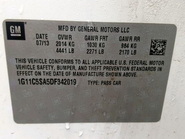 1G11C5SA5DF342019 - 2013 CHEVROLET MALIBU 1LT თეთრი ფოტო 10