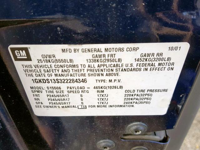 1GKDS13S322284346 - 2002 GMC ENVOY BLUE photo 10