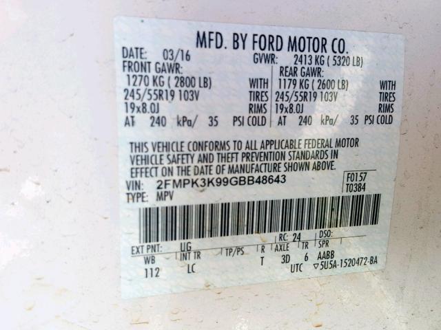 2FMPK3K99GBB48643 - 2016 FORD EDGE TITAN WHITE photo 10