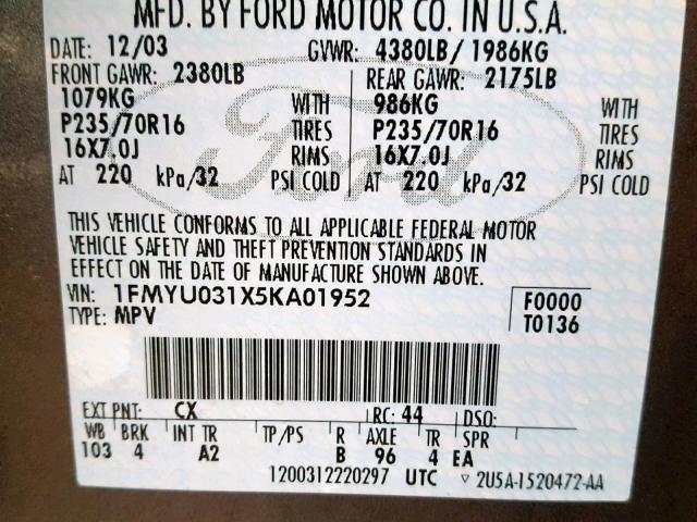 1FMYU031X5KA01952 - 2005 FORD ESCAPE XLT GRAY photo 10