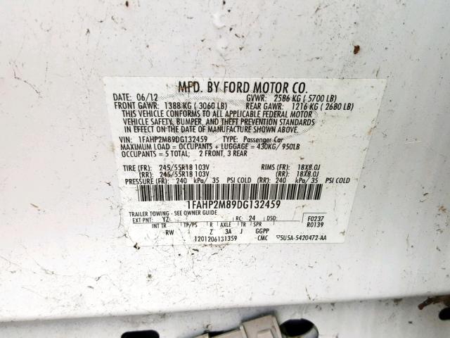 1FAHP2M89DG132459 - 2013 FORD TAURUS POL WHITE photo 10