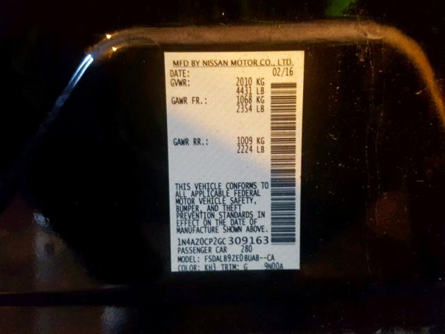 1N4AZ0CP2GC309163 - 2016 NISSAN LEAF S BLACK photo 10