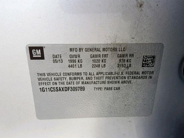 1G11C5SAXDF309789 - 2013 CHEVROLET MALIBU 1LT 银色 照片 10