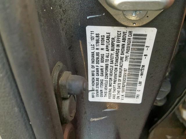 19XFB2F93CE324187 - 2012 HONDA CIVIC EXL 烧焦的 照片 10