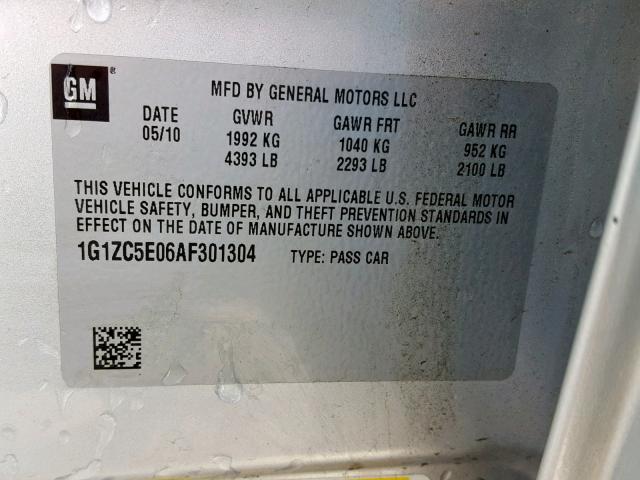 1G1ZC5E06AF301304 - 2010 CHEVROLET MALIBU 1LT SILVER photo 10