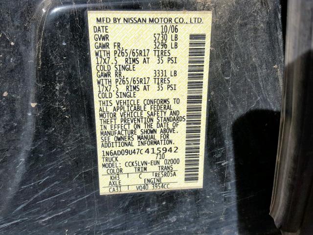 1N6AD09U47C415942 - 2007 NISSAN FRONTIER C BLACK photo 10