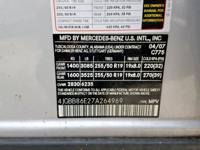 4JGBB86E27A264969 - 2007 MERCEDES-BENZ ML 350 SILVER photo 10