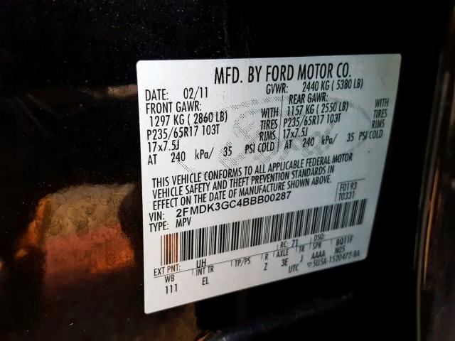 2FMDK3GC4BBB00287 - 2011 FORD EDGE SE BLACK photo 10