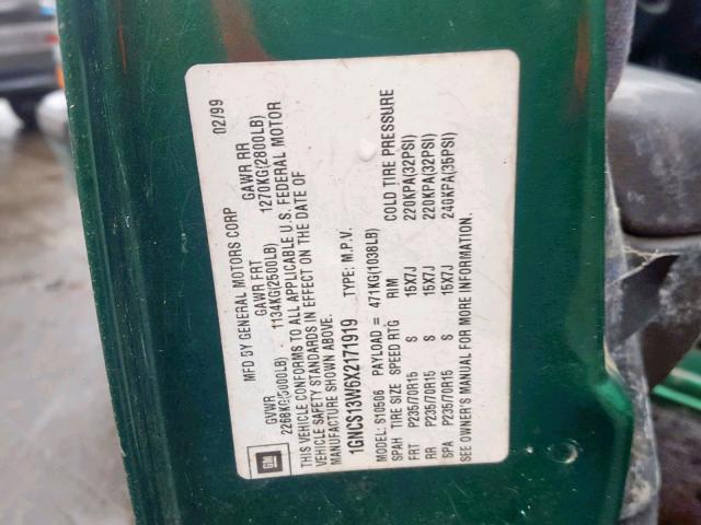 1GNCS13W6X2171919 - 1999 CHEVROLET BLAZER GREEN photo 10