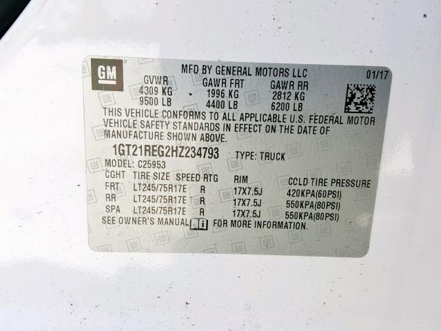 1GT21REG2HZ234793 - 2017 GMC SIERRA C25 WHITE photo 10