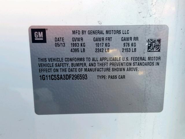 1G11C5SA3DF296593 - 2013 CHEVROLET MALIBU 1LT თეთრი ფოტო 10