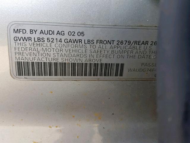 WAUDG74F45N101067 - 2005 AUDI A6 3.2 QUA SILVER photo 10