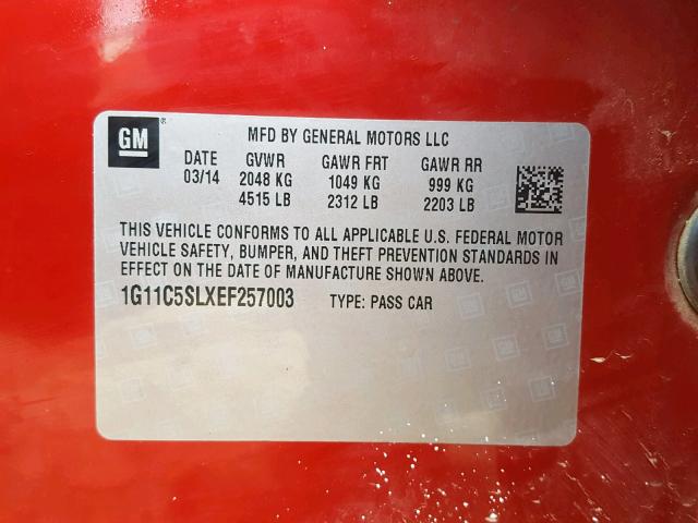 1G11C5SLXEF257003 - 2014 CHEVROLET MALIBU 1LT 红色 照片 10