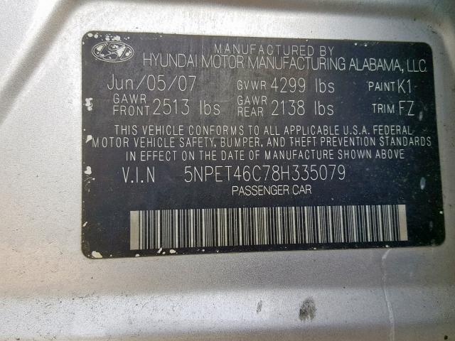 5NPET46C78H335079 - 2008 HYUNDAI SONATA GLS SILVER photo 10