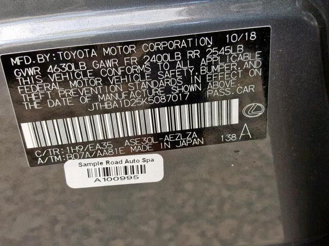 JTHBA1D25K5087017 - 2019 LEXUS IS 300 GRAY photo 10