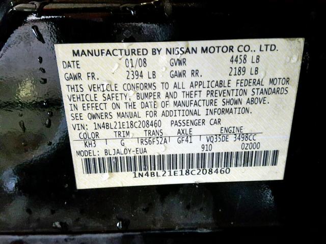 1N4BL21E18C208460 - 2008 NISSAN ALTIMA 3.5 BLACK photo 10