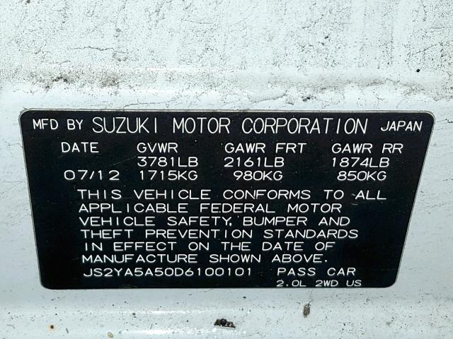 JS2YA5A50D6100101 - 2013 SUZUKI SX4 WHITE photo 10