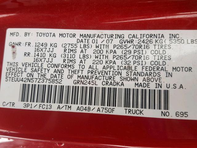 5TEUU42N57Z375852 - 2007 TOYOTA TACOMA ACC RED photo 10