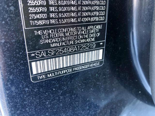 SALSF25498A125219 - 2008 LAND ROVER RANGE ROVE BLACK photo 9