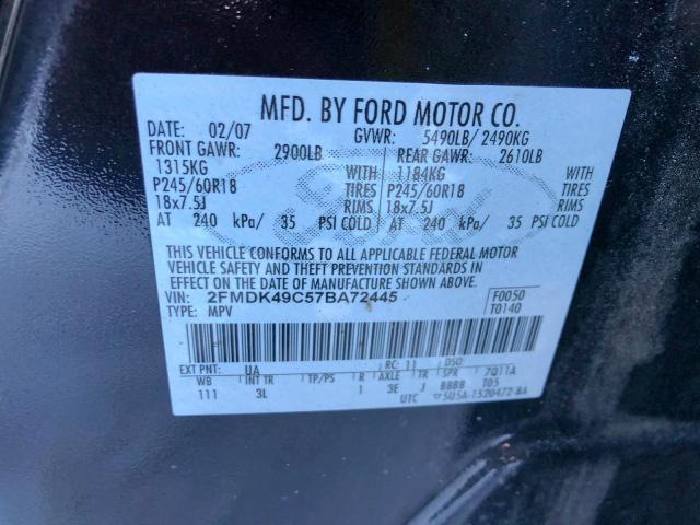 2FMDK49C57BA72445 - 2007 FORD EDGE SEL P BLACK photo 9