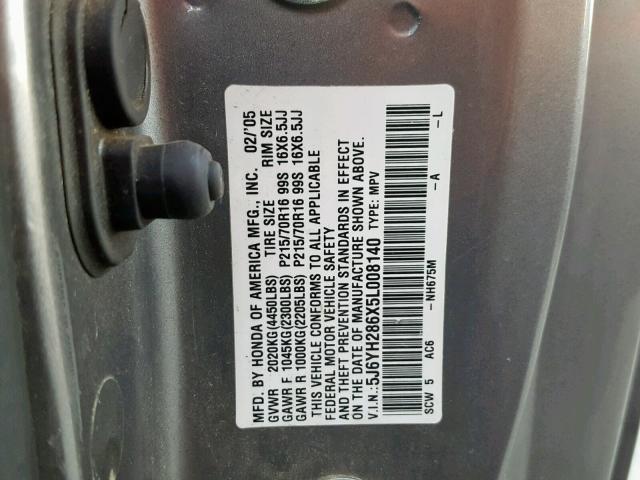 5J6YH286X5L008140 - 2005 HONDA ELEMENT EX SILVER photo 10