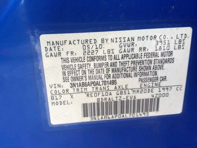 3N1AB6AP0AL701495 - 2010 NISSAN SENTRA 2.0 BLUE photo 10