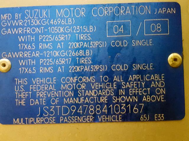 JS3TD947884103167 - 2008 SUZUKI GRAND VITA SILVER photo 10