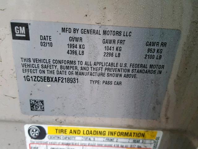 1G1ZC5EBXAF218931 - 2010 CHEVROLET MALIBU 1LT CREAM photo 10