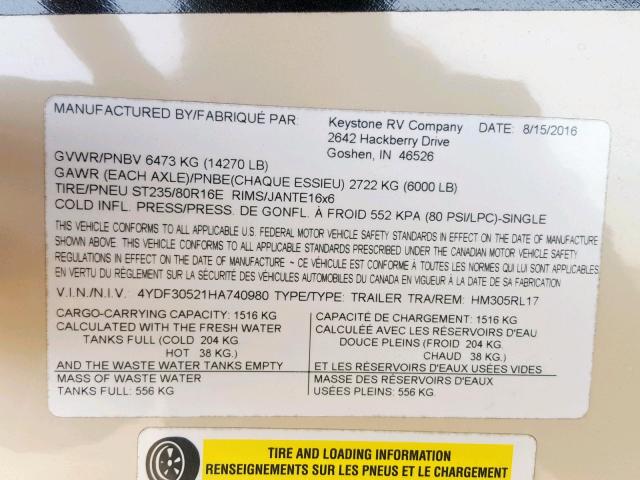 4YDF30521HA740980 - 2017 KEYSTONE MONTANA TWO TONE photo 10