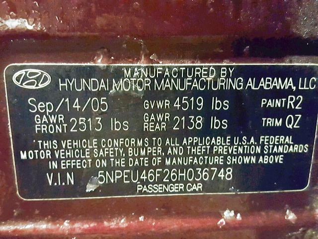 5NPEU46F26H036748 - 2006 HYUNDAI SONATA GLS MAROON photo 10