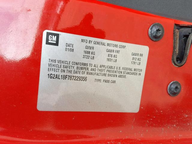 1G2AL18F787229356 - 2008 PONTIAC G5 RED photo 10