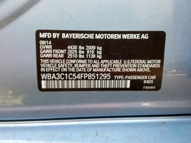 WBA3C1C54FP851295 - 2015 BMW 328 I SULE BLUE photo 10