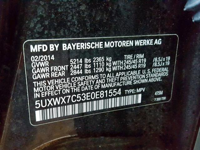 5UXWX7C53E0E81554 - 2014 BMW X3 XDRIVE3 BLACK photo 10