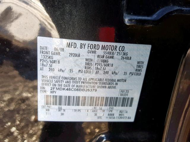 2FMDK48C08BB26379 - 2008 FORD EDGE SEL BLACK photo 10