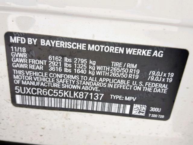 5UXCR6C55KLK87137 - 2019 BMW X5 XDRIVE4 WHITE photo 10