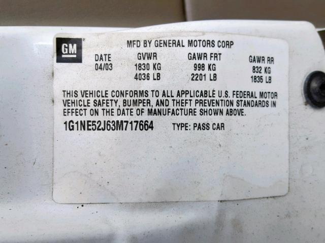 1G1NE52J63M717664 - 2003 CHEVROLET MALIBU LS WHITE photo 10