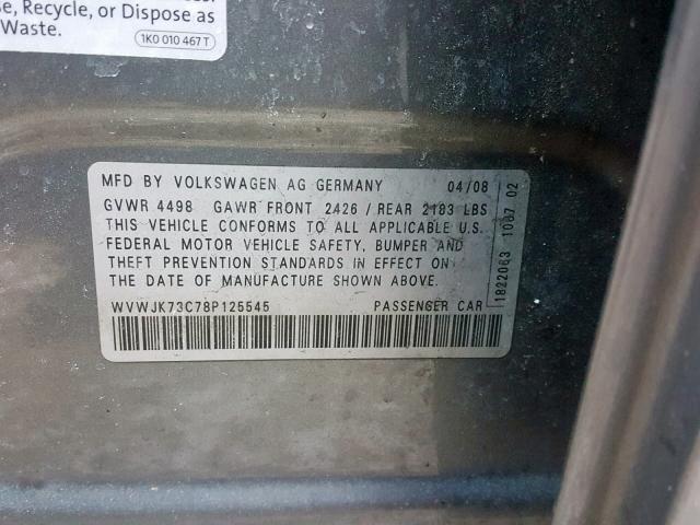 WVWJK73C78P125545 - 2008 VOLKSWAGEN PASSAT TUR GRAY photo 10