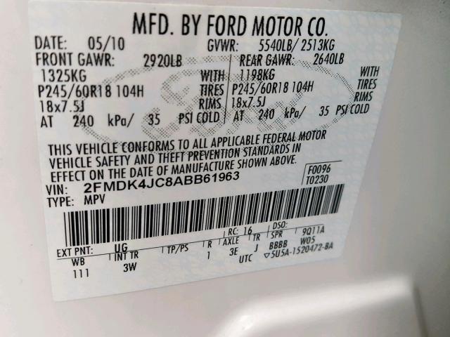 2FMDK4JC8ABB61963 - 2010 FORD EDGE SEL WHITE photo 10