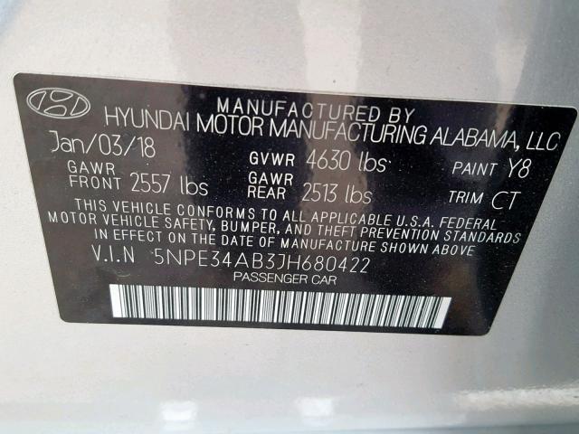 5NPE34AB3JH680422 - 2018 HYUNDAI SONATA SPO SILVER photo 10