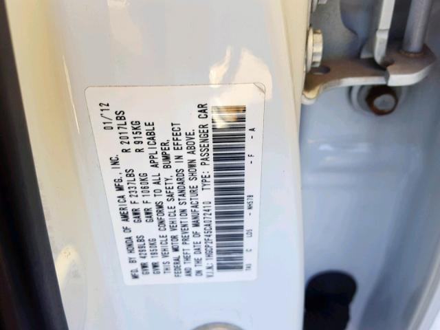 1HGCP2F45CA072410 - 2012 HONDA ACCORD LXP WHITE photo 10