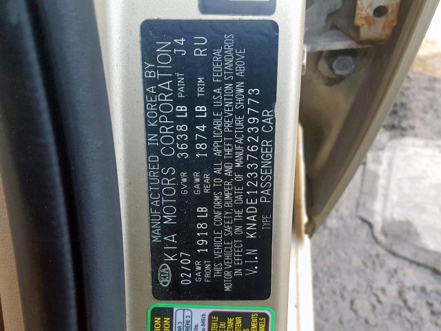 KNADE123376239773 - 2007 KIA RIO BASE GOLD photo 10