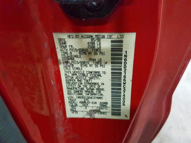 1N6DD21S6WC374005 - 1998 NISSAN FRONTIER X RED photo 10